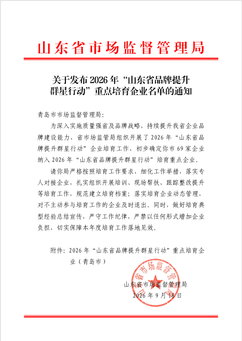 Official red-header document of Shandong Provincial Administration for Market Regulation announcing the 2026 "Shandong Brand Enhancement Star Cluster Initiative" key cultivated enterprises, with 69 enterprises from Qingdao, dated September 18, 2026